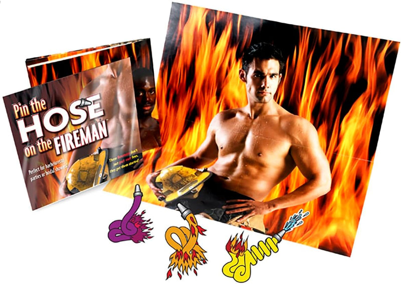 Firefighter themed bachelorette party game with blindfold and hose stickers inspired by emergency services humor