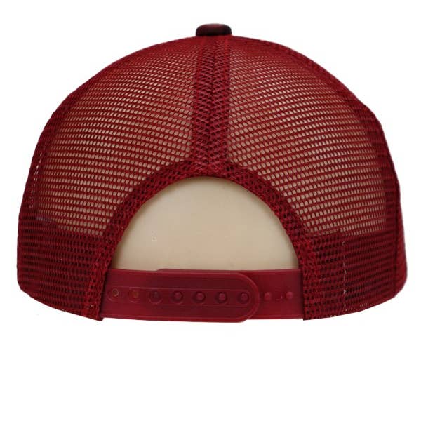 Rear mesh back view of firefighter camo trucker hat with adjustable snapback closure