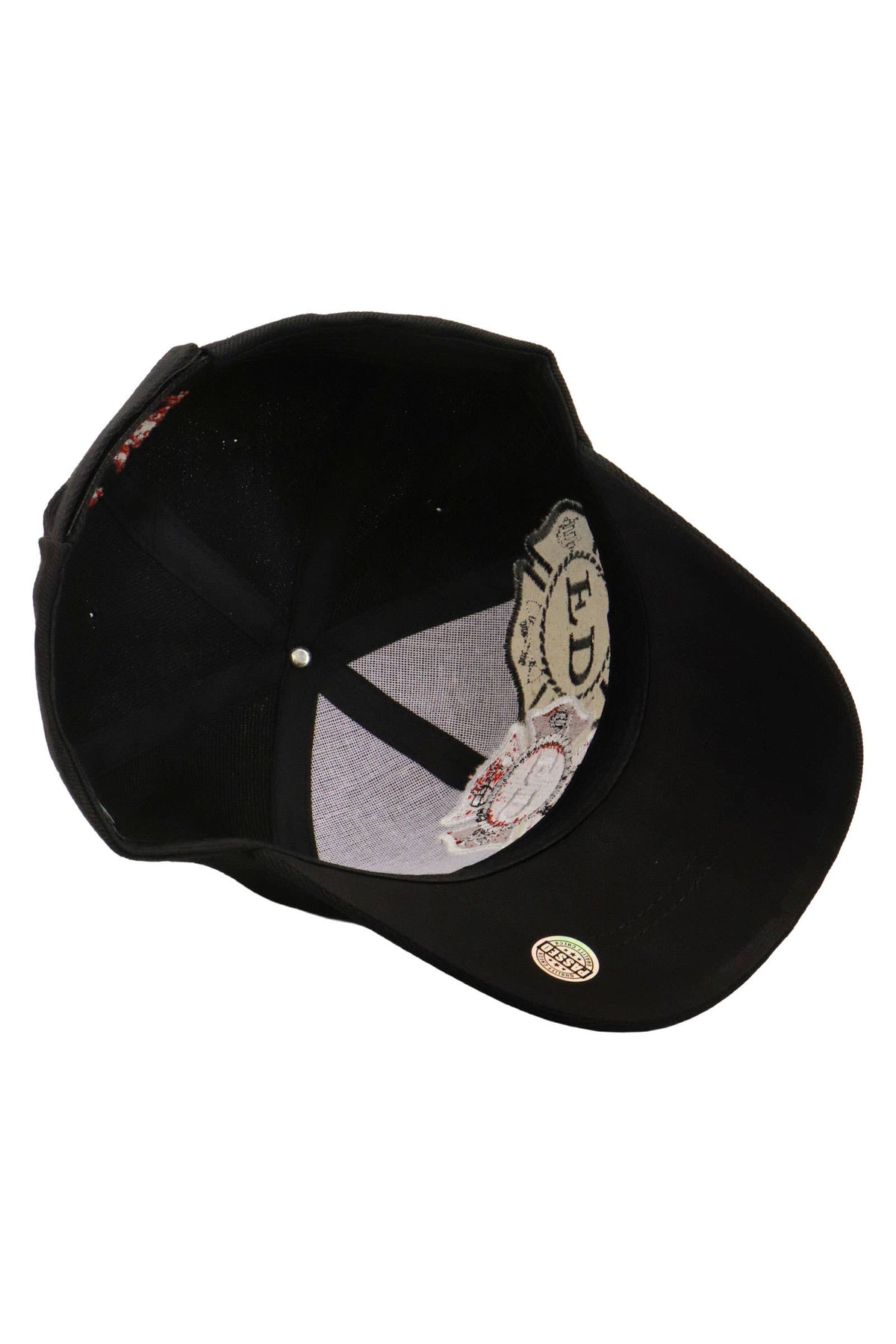 Underside view of black firefighter fitted cap featuring embroidered Fire Department logo