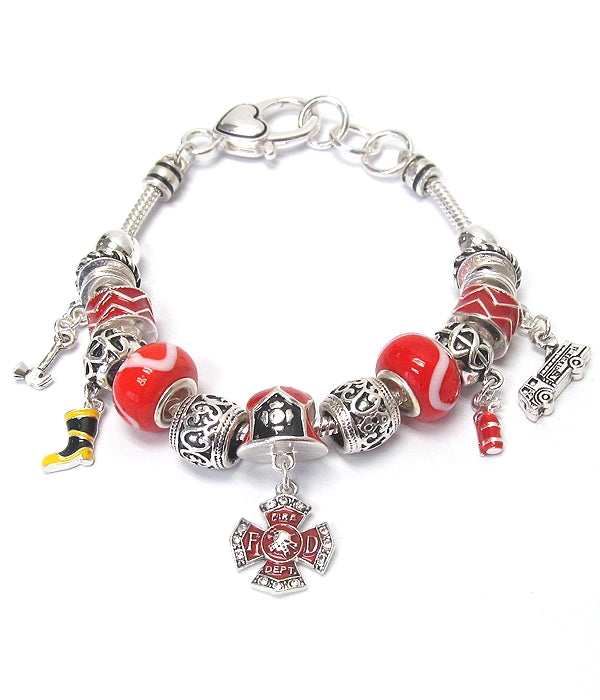Euro style firefighter charm bracelet with red glass beads and fire department charms