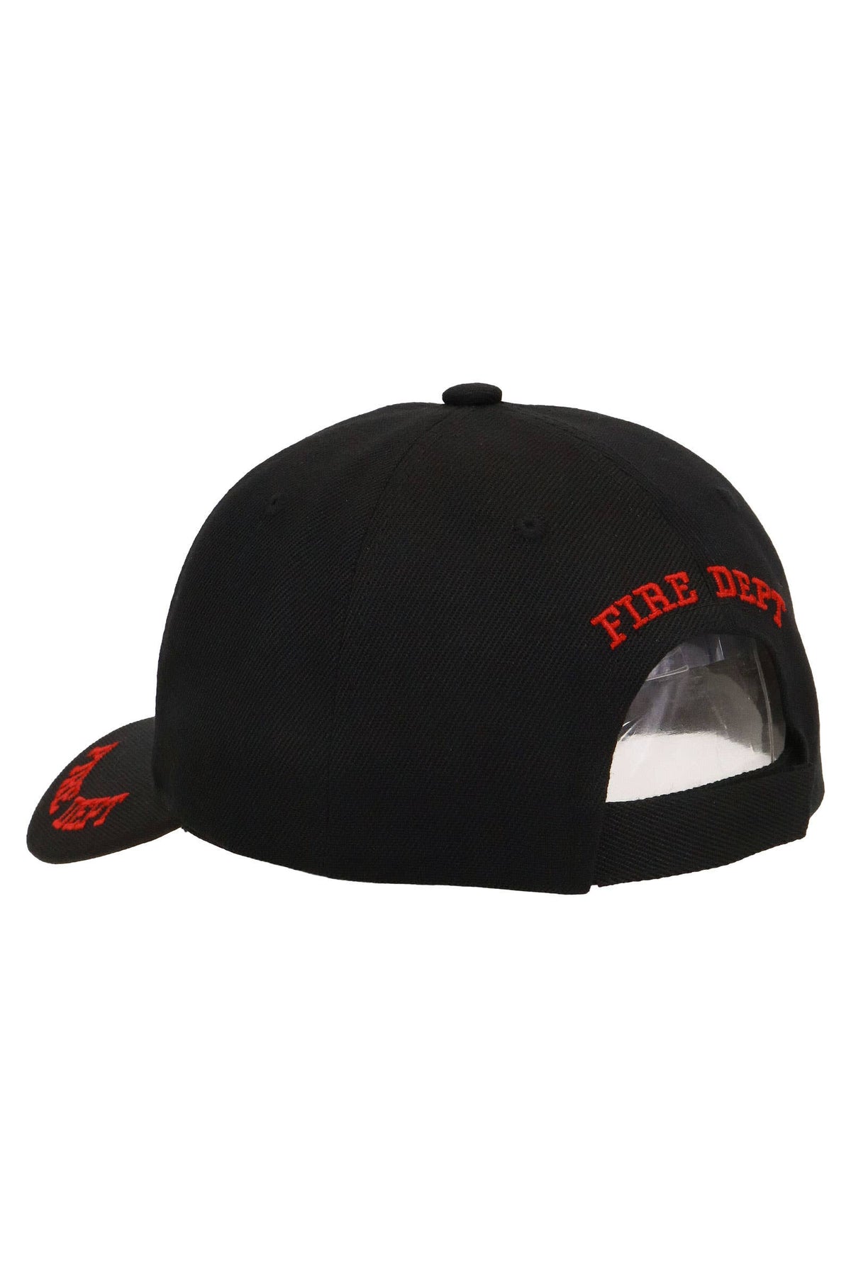 Rear view of black firefighter hat with embroidered Fire Department text on fitted cap