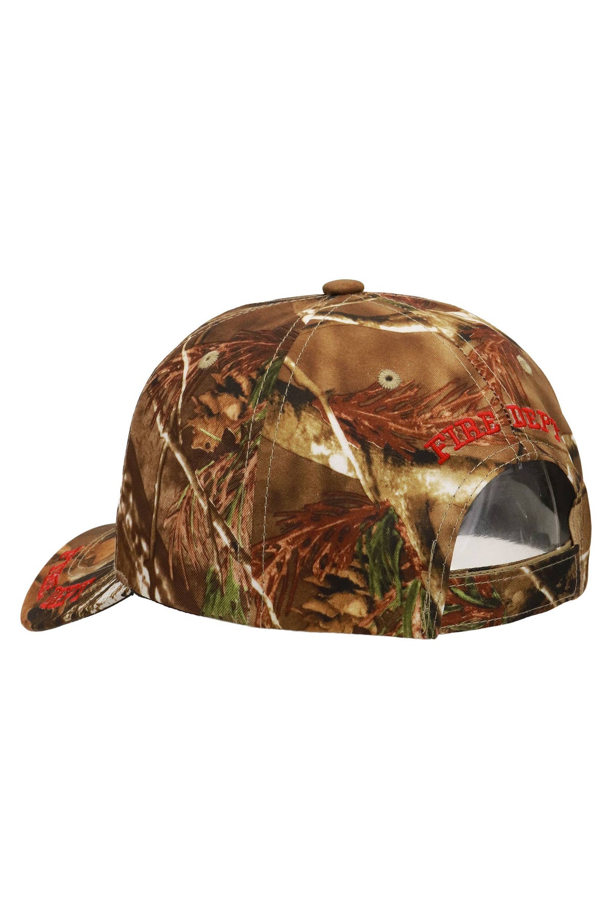 Profile view of hunt camo First In Last Out firefighter cap with Fire Department embroidery