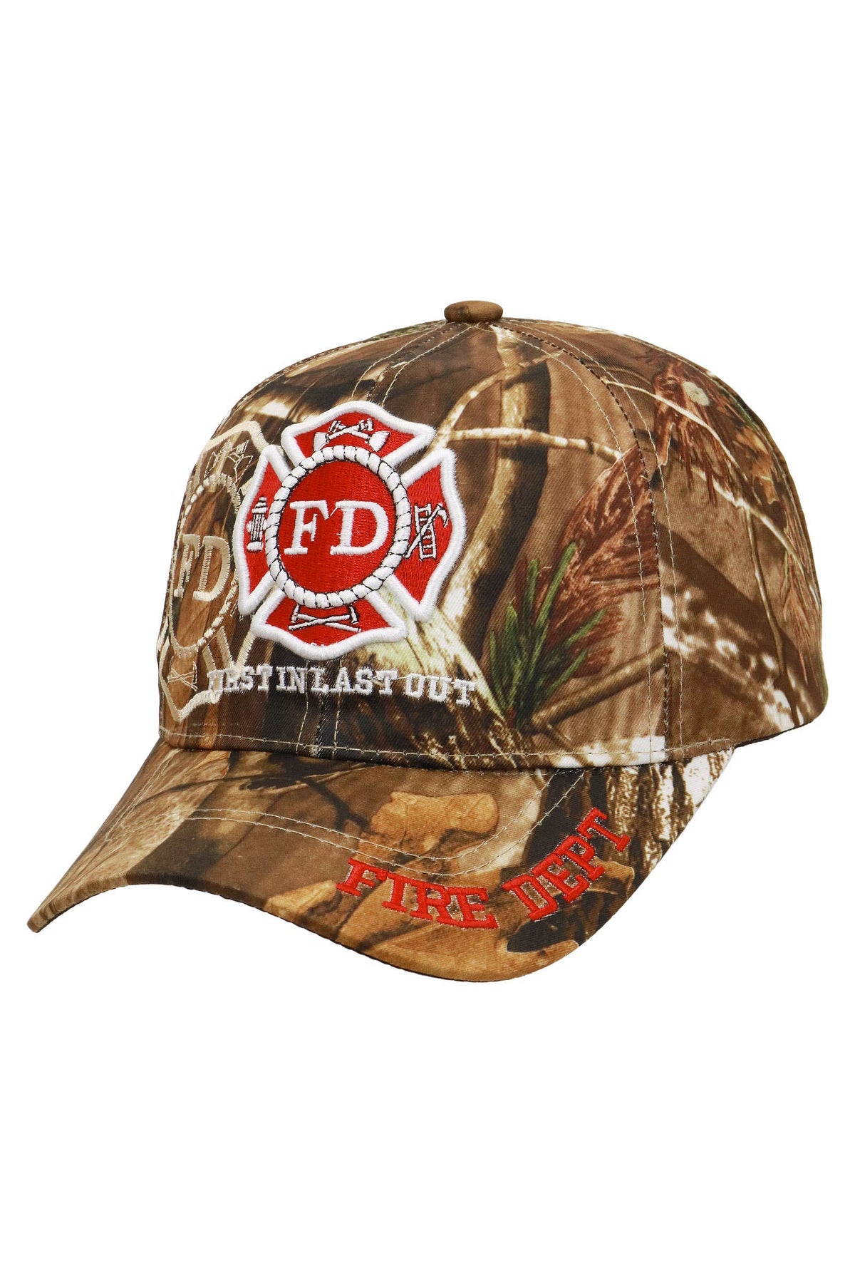 Side angle view of hunt camo firefighter hat with embroidered Fire Department insignia