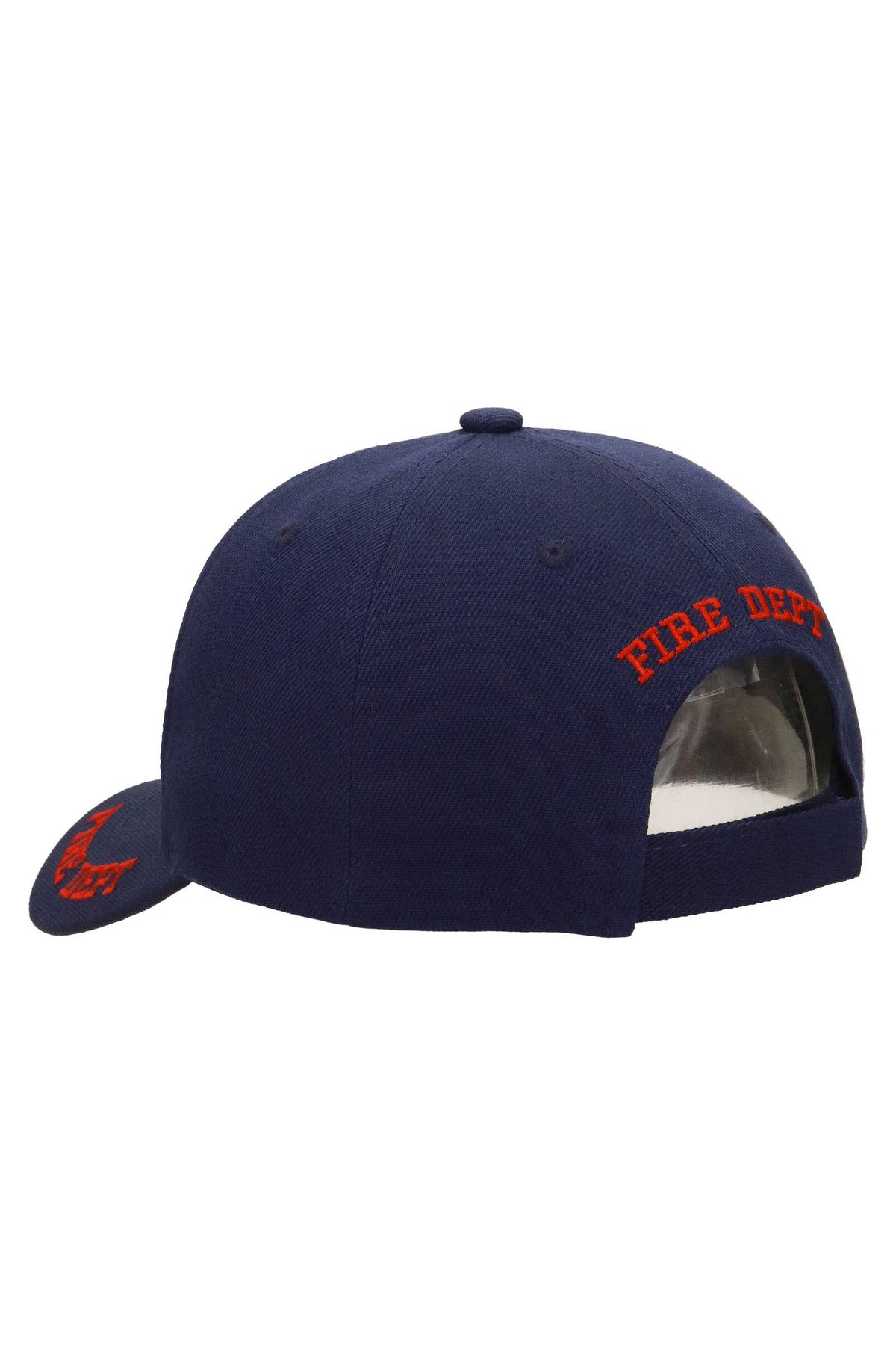 Rear view of navy blue First In Last Out firefighter fitted cap