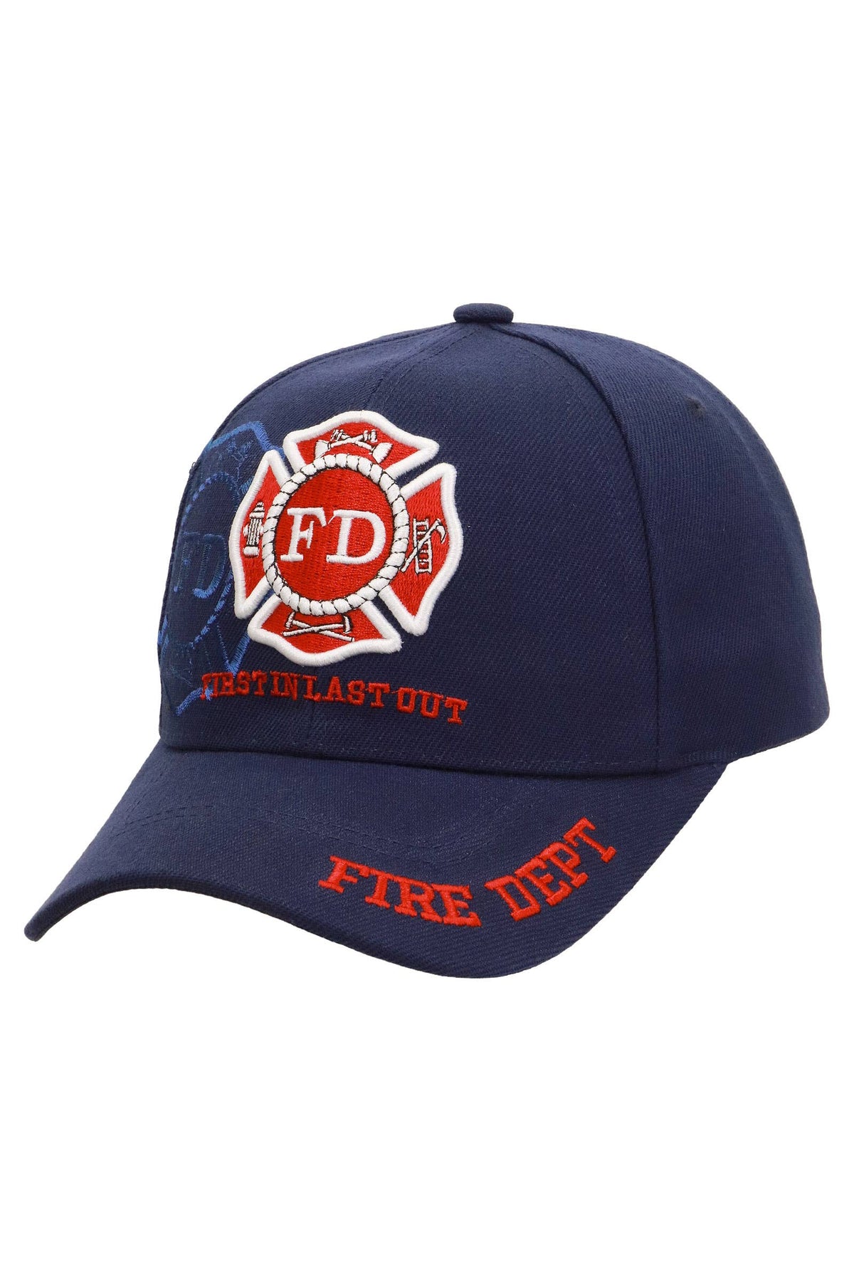 Side view of navy blue firefighter hat with embroidered Fire Department logo