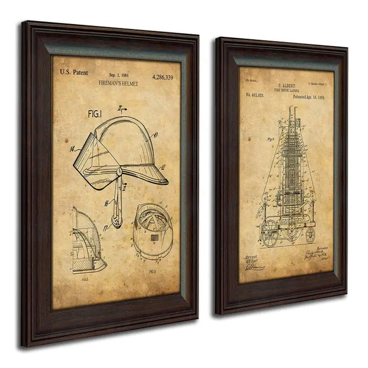 Framed firefighter patent art set featuring vintage helmet and fire engine U.S. patent prints