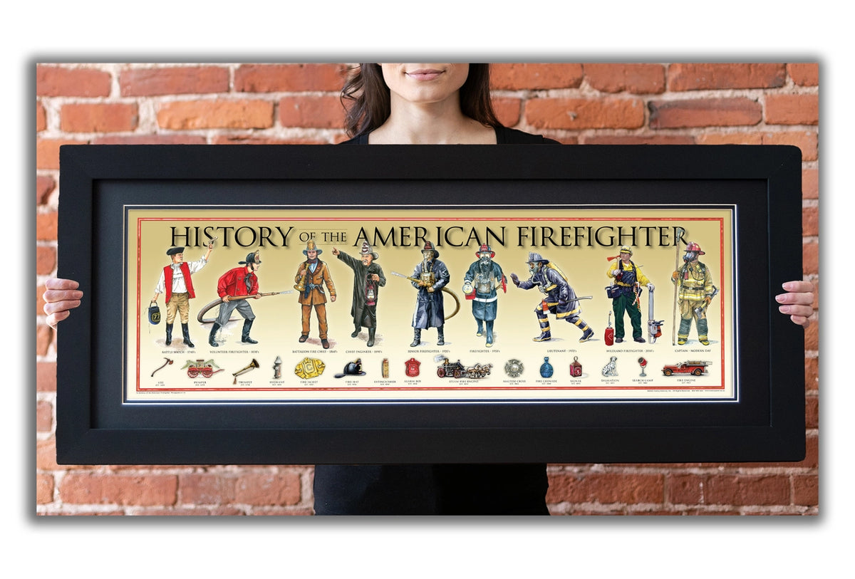 History of the American Firefighter framed wall art displayed as fire station decor.