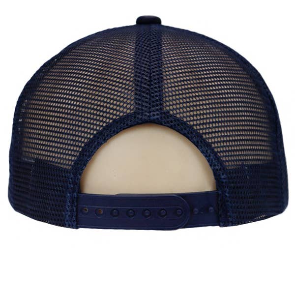 Rear view of navy blue camo firefighter trucker hat with breathable mesh back and snapback closure