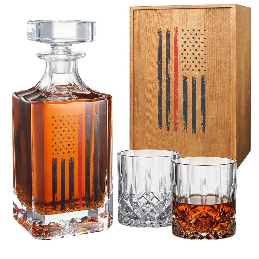 Firefighter whiskey decanter set with red American flag presented as a gift for firefighters and first responders.