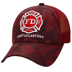 First In Last Out firefighter camo trucker hat with embroidered Fire Department Maltese Cross symbol
