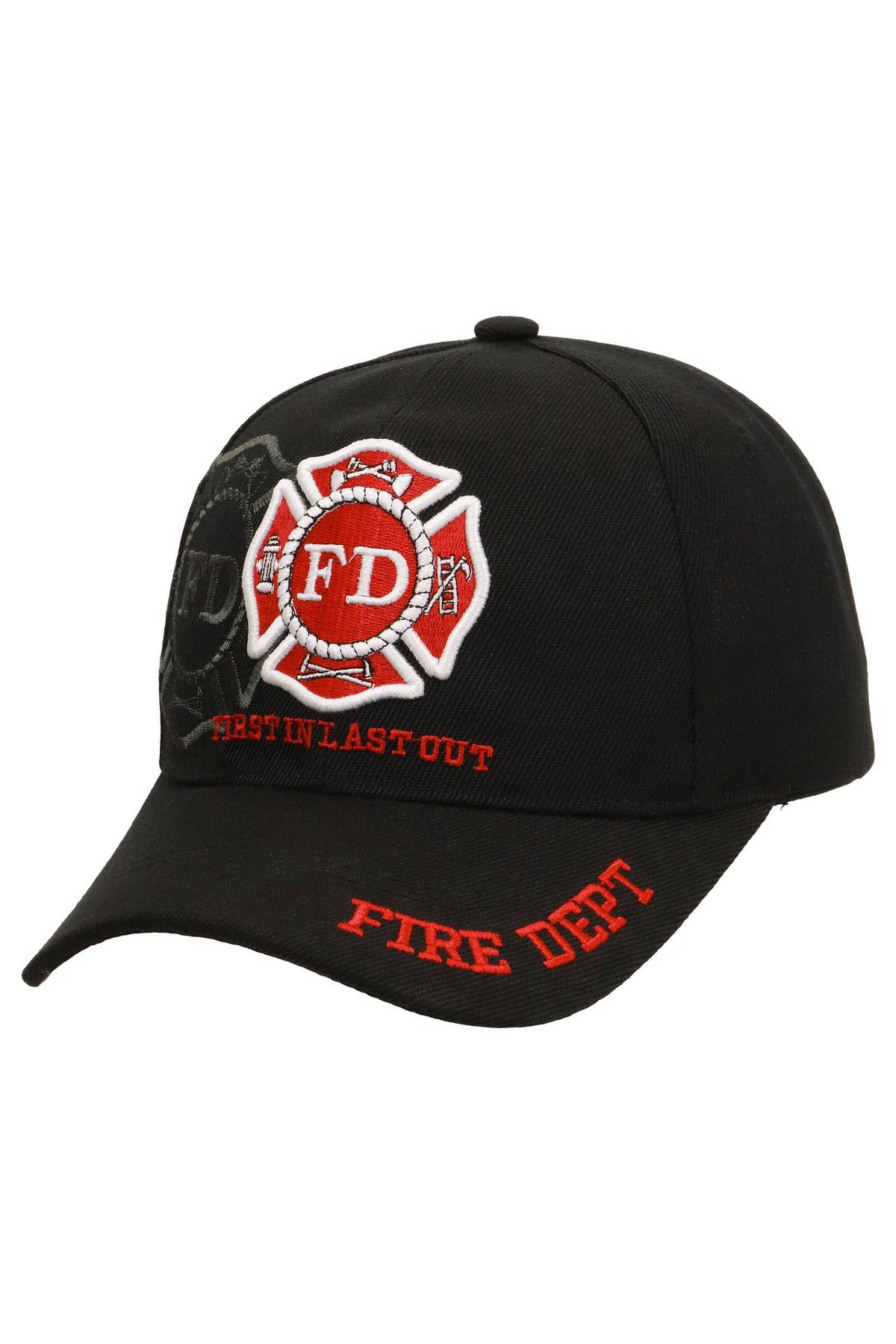 First In Last Out firefighter hat featuring embroidered Fire Department Maltese cross logo on black fitted cap
