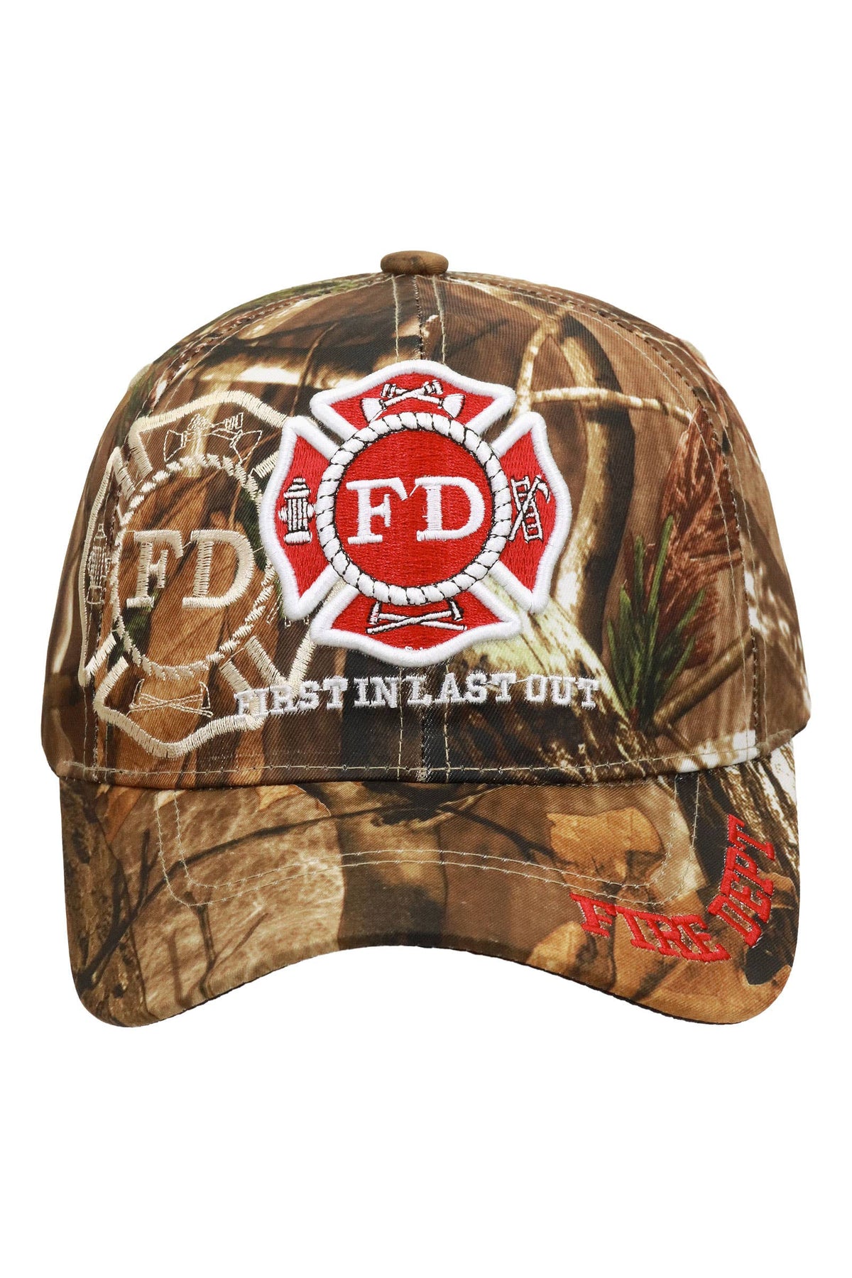 Hunt camo firefighter hat with embroidered Fire Department Maltese cross and First In Last Out design