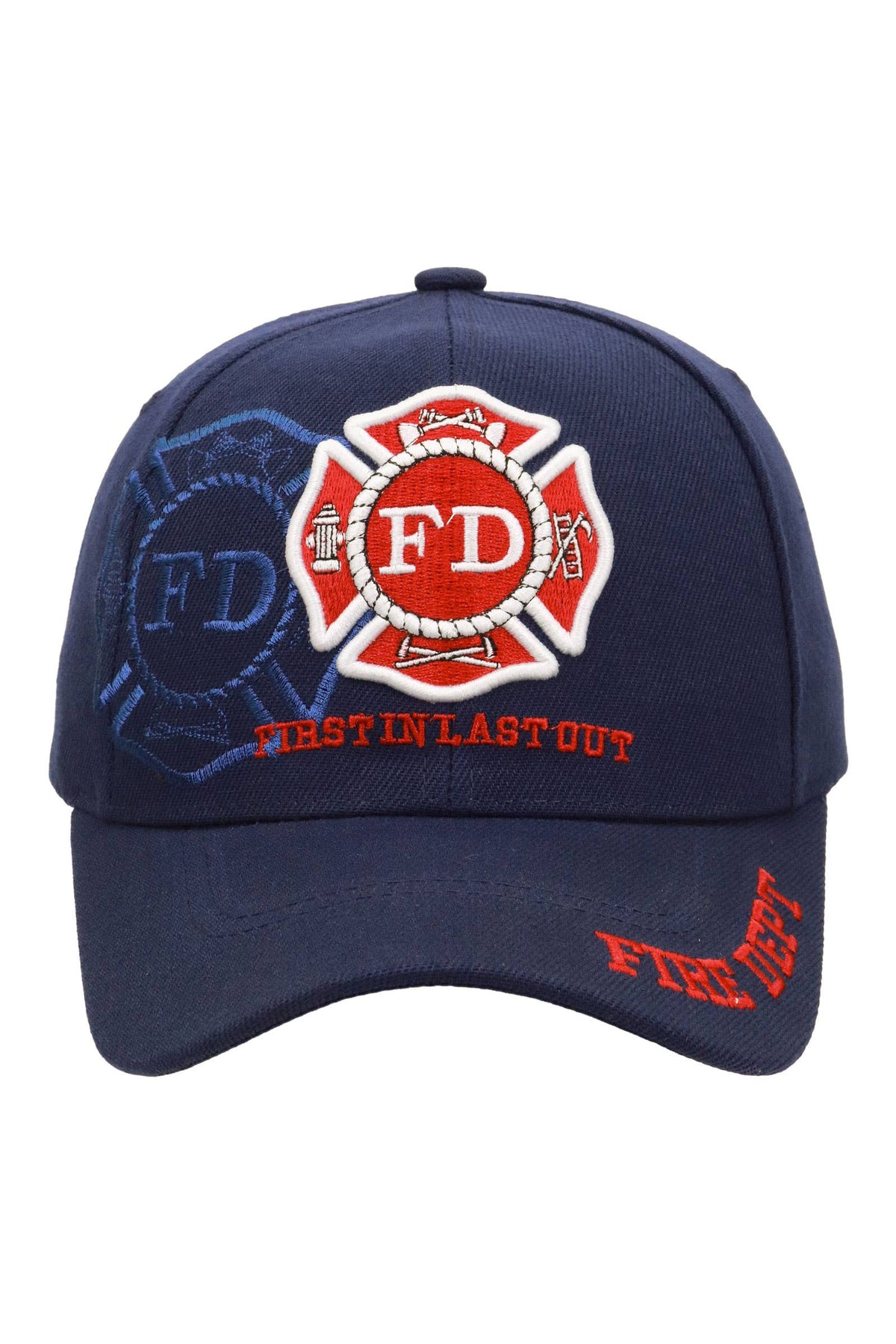 Navy blue First In Last Out firefighter hat with embroidered Fire Department logo and firefighter lettering