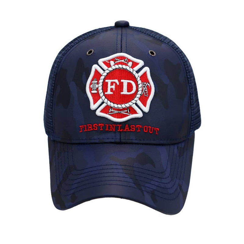 Front view of navy blue camo firefighter trucker cap featuring embroidered Fire Department Maltese Cross logo