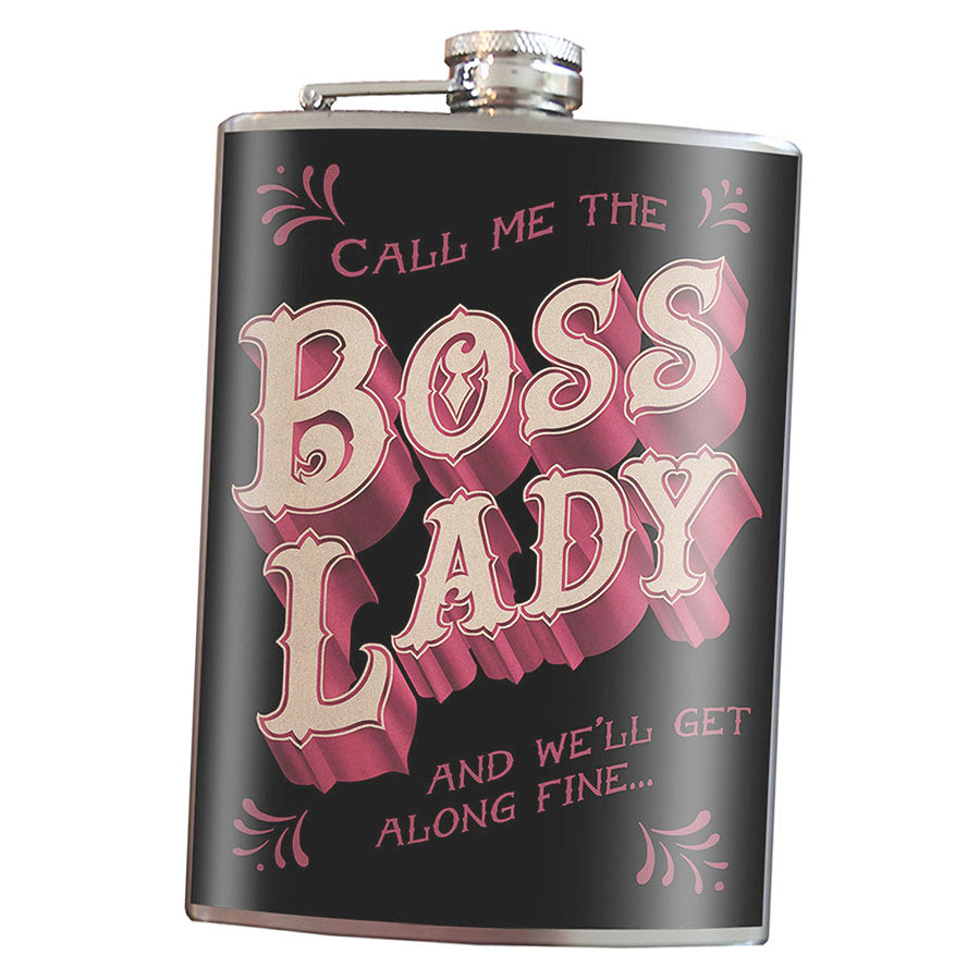 Boss Lady stainless steel hip flask with bold empowerment design, 8 oz capacity