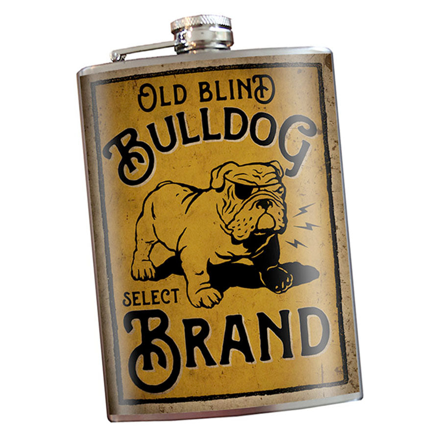 Old Blind Bulldog Brand stainless steel hip flask with vintage bulldog design, 8 oz capacity