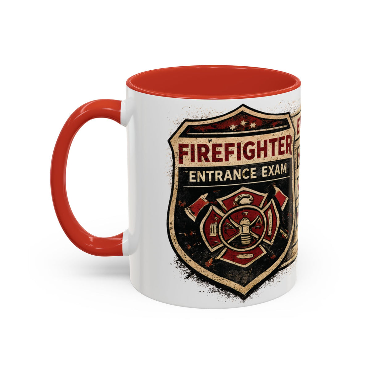 Funny firefighter coffee mug with fire department entrance exam checklist reading “Passed, Grab a Bucket, Wash the Truck.”