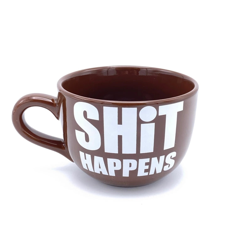 Oversized 22 oz funny coffee mug with Shit Happens text design