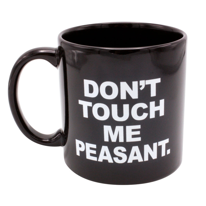 Angled view of the giant 22 oz "Don't Touch Me Peasant" funny black ceramic coffee mug featuring bold sarcastic lettering, ideal as a novelty office gift for coworkers, bosses, coffee lovers, and first responders.