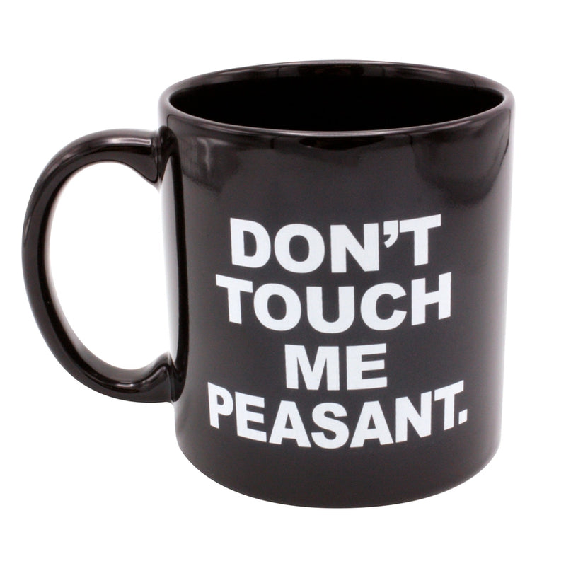 Angled view of the giant 22 oz "Don't Touch Me Peasant" funny black ceramic coffee mug featuring bold sarcastic lettering, ideal as a novelty office gift for coworkers, bosses, coffee lovers, and first responders.