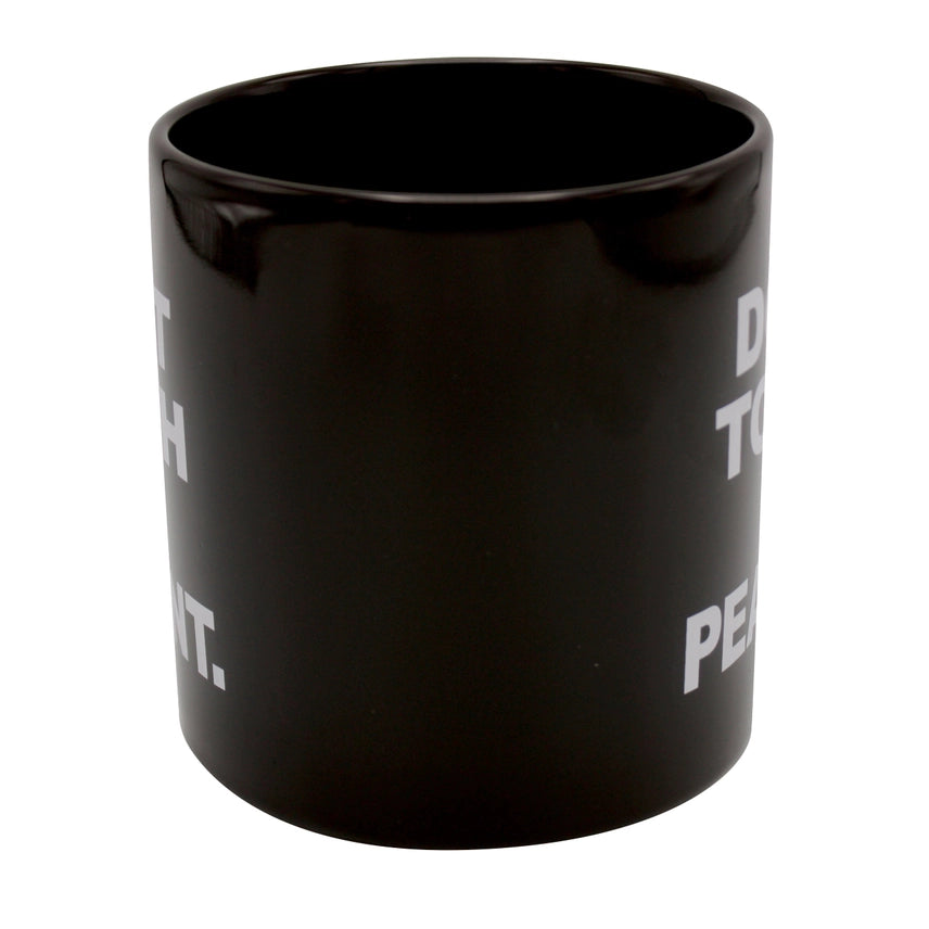 Back view of the giant 22 oz "Don't Touch Me Peasant" novelty coffee mug showing the oversized black ceramic construction and humorous design, perfect as a funny coworker or office gift.