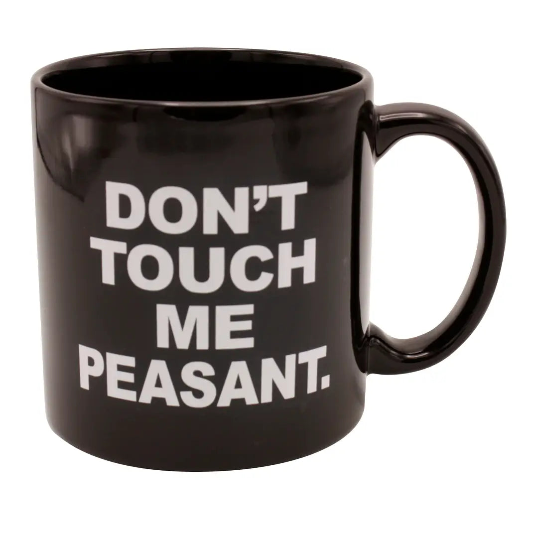 Giant 22 oz "Don't Touch Me Peasant" funny black ceramic coffee mug with bold sarcastic text, perfect as a novelty office gift for coworkers, bosses, coffee lovers, nurses, EMS professionals, teachers, and anyone with a sarcastic sense of humor.
