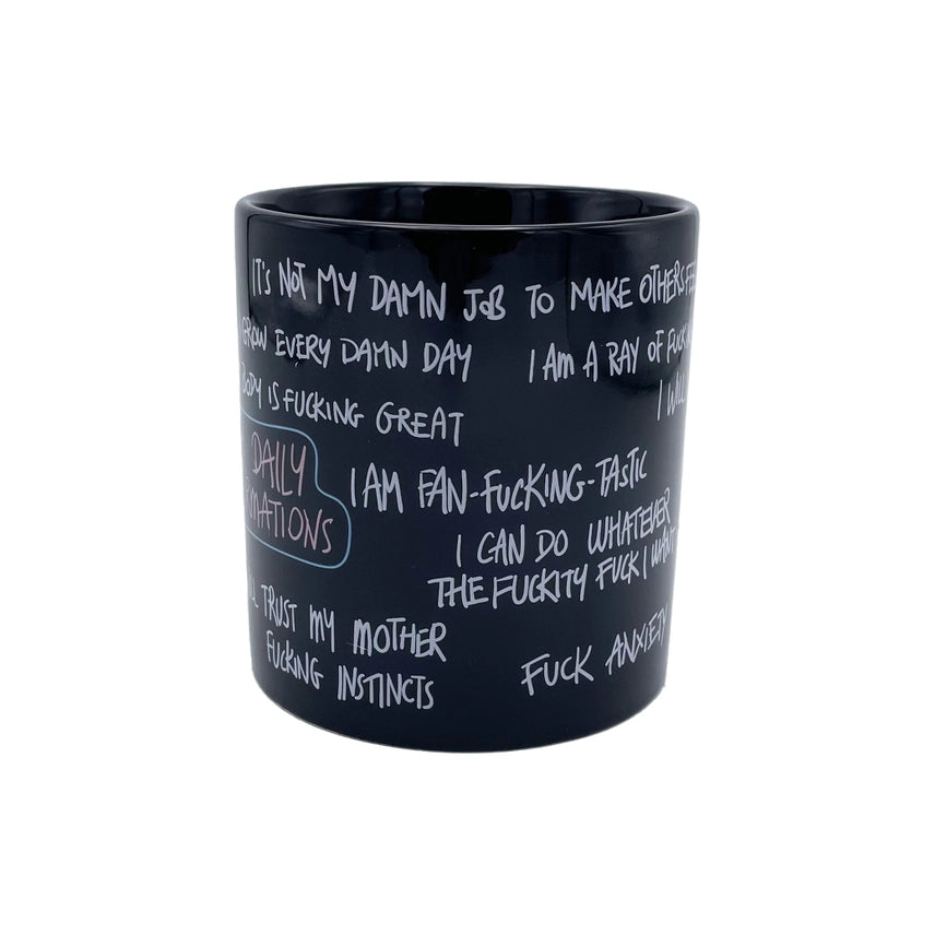 Back view of the oversized 22 oz funny daily affirmation coffee mug showing humorous adult affirmation design wrapped around the mug.