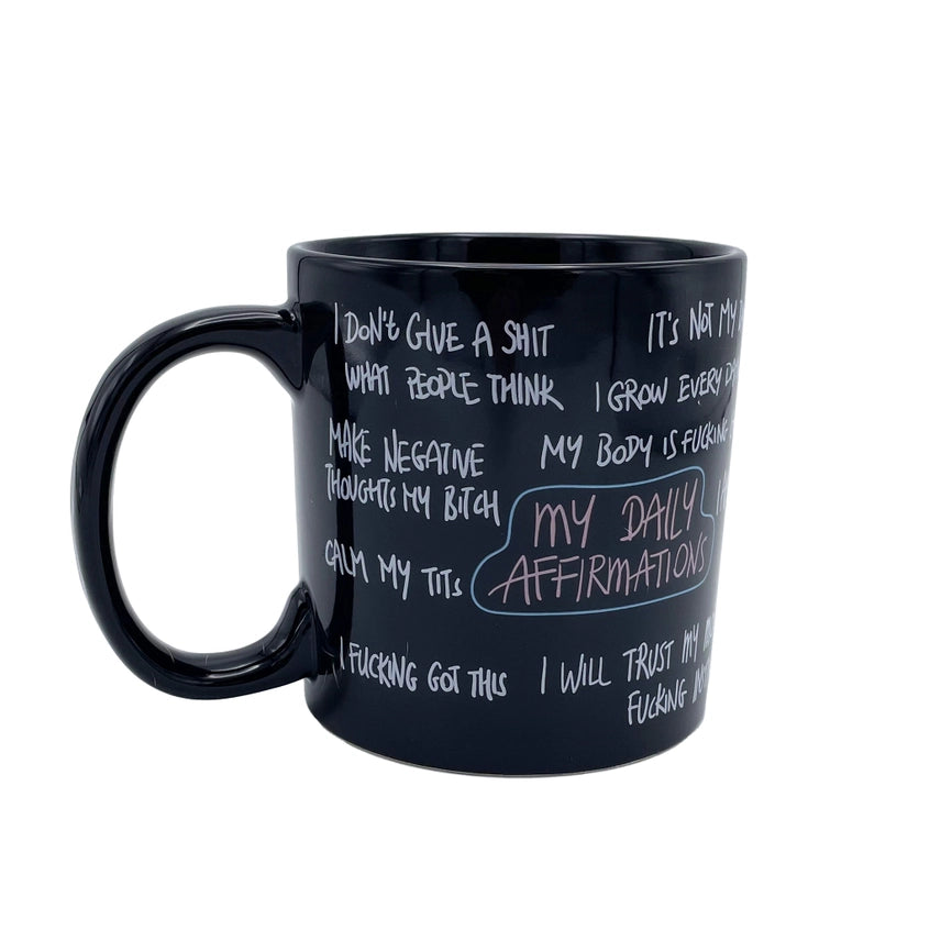 Front view of a giant 22 oz black ceramic funny affirmation coffee mug with sarcastic adult motivational sayings.