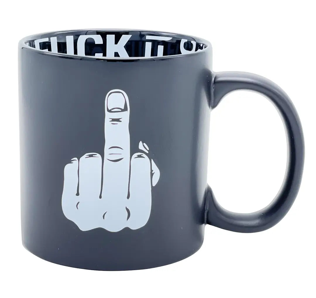 Giant 22 oz funny profanity black ceramic coffee mug with bold adult humor graphic design, perfect as a novelty gift for coworkers, coffee lovers, and fans of sarcastic humor.