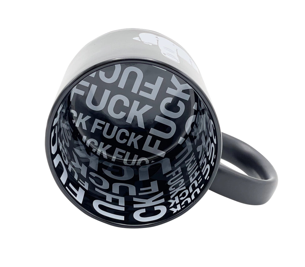 Interior view of the giant 22 oz funny profanity coffee mug featuring repeated bold typography inside the black ceramic mug for a unique adult humor design.