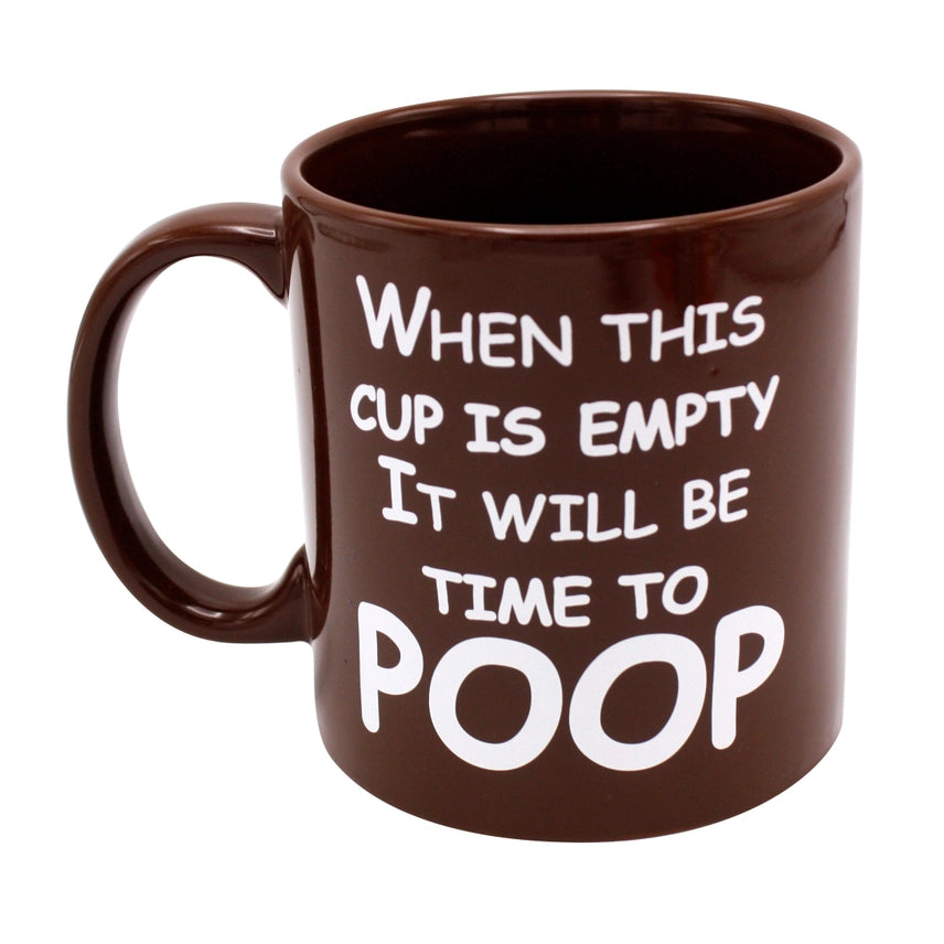 Angled view of the oversized 22 oz "Time to Poop" brown ceramic novelty coffee mug with humorous text for coffee lovers and fans of bathroom humor.