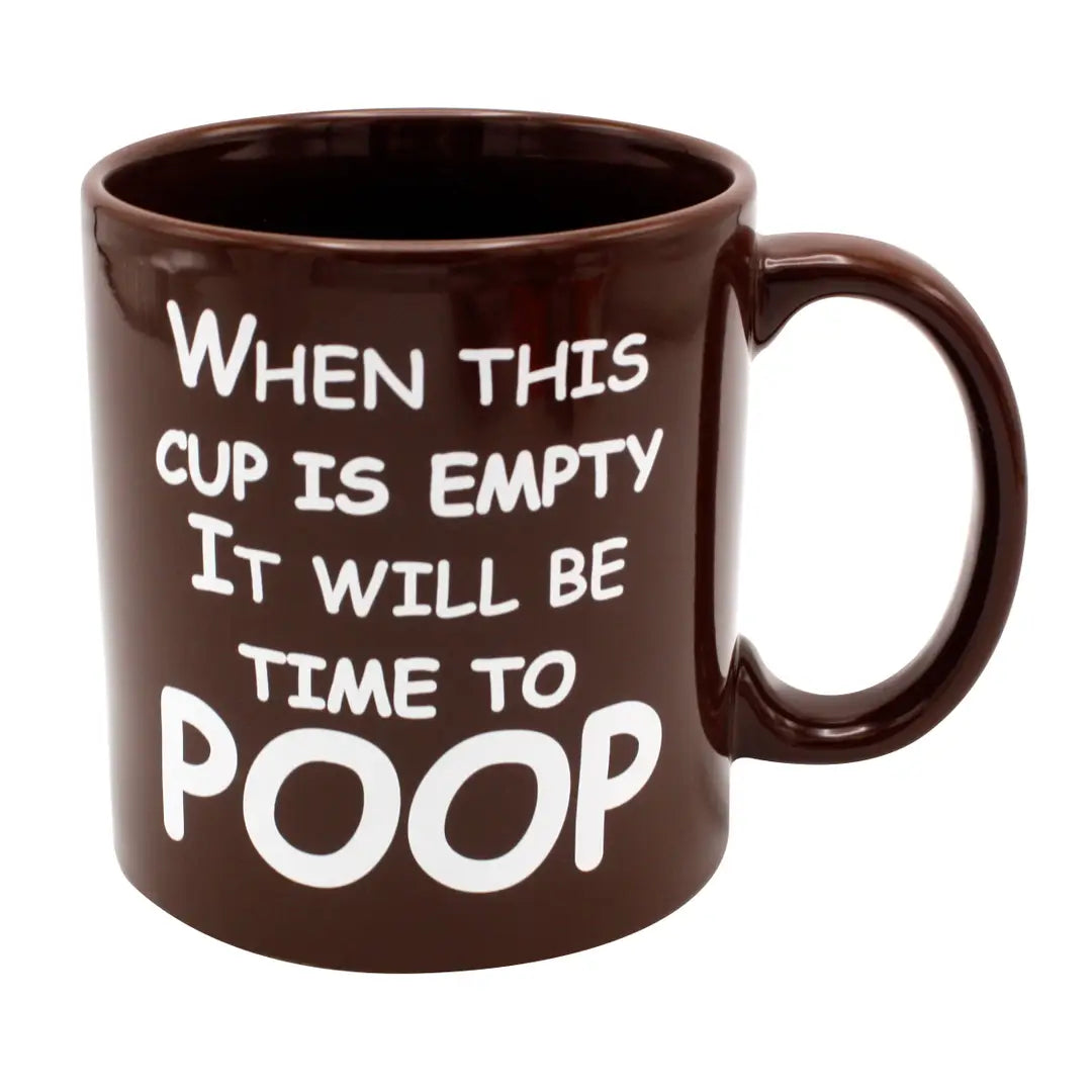 Giant 22 oz "Time to Poop" funny brown ceramic coffee mug featuring humorous bathroom humor text, perfect as a novelty gift for coffee lovers, coworkers, dads, and gag gift exchanges.