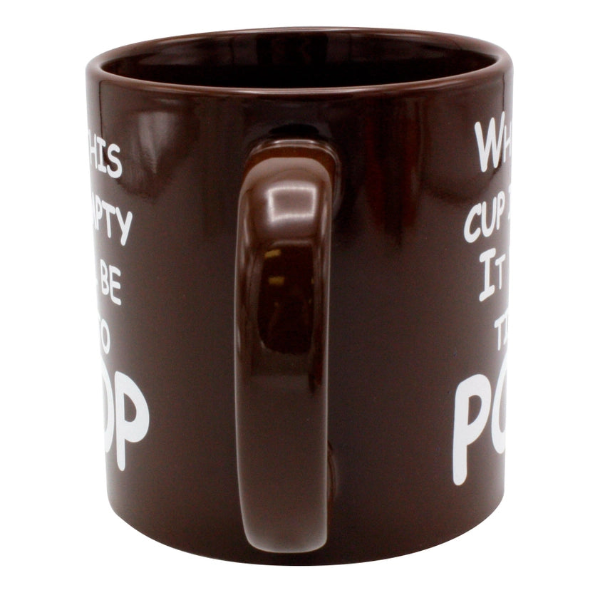 Rear handle view of the giant 22 oz "Time to Poop" novelty coffee mug showing the durable brown ceramic construction and wraparound humorous design.