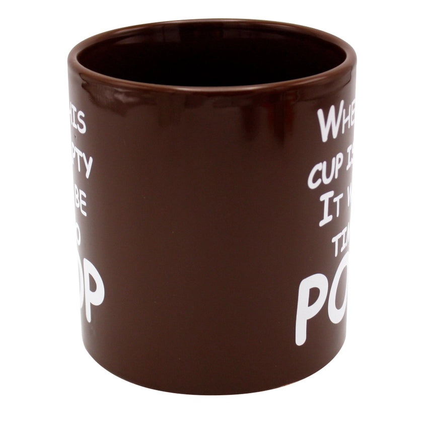 Side profile of the giant 22 oz brown ceramic "Time to Poop" funny coffee mug with wraparound novelty design and oversized handle.