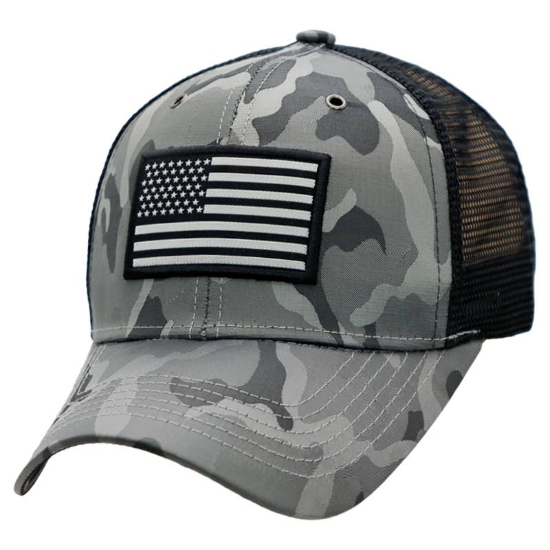 Grey camouflage snapback trucker hat featuring monochrome American flag patch