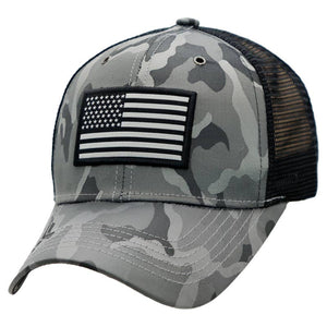 Grey camouflage snapback trucker hat featuring monochrome American flag patch