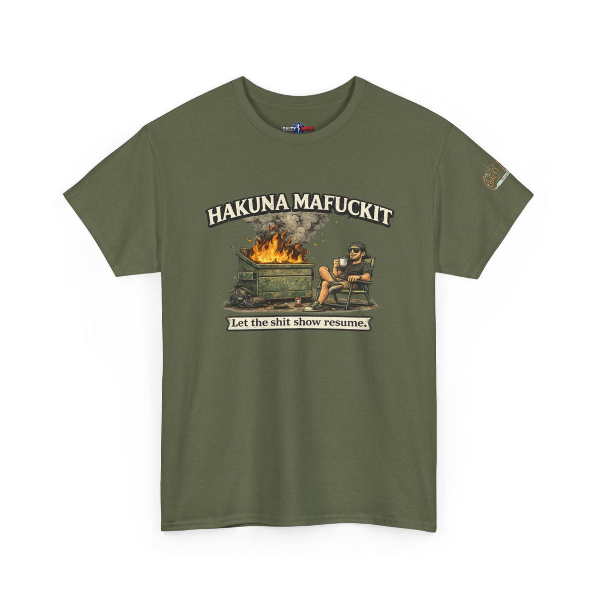 Hakuna Mafukit paramedic humor t-shirt in olive green featuring sarcastic EMS medic graphic design