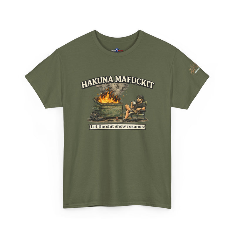 Hakuna Mafukit paramedic humor t-shirt in olive green featuring sarcastic EMS medic graphic design