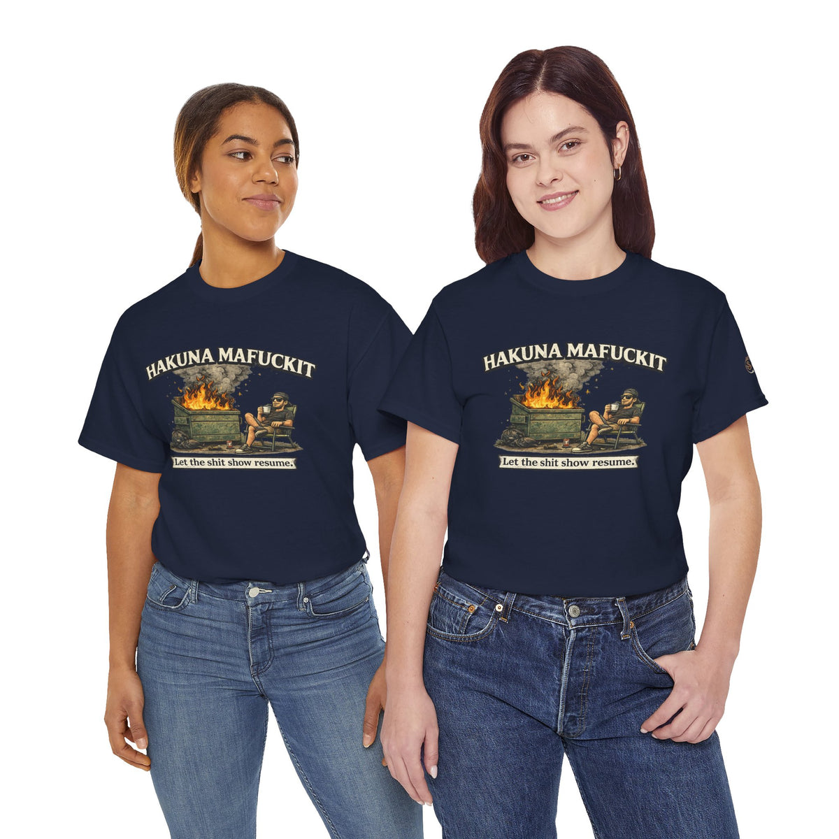 Man and woman modeling Hakuna Mafukit EMS humor t-shirt by The Salty Medic