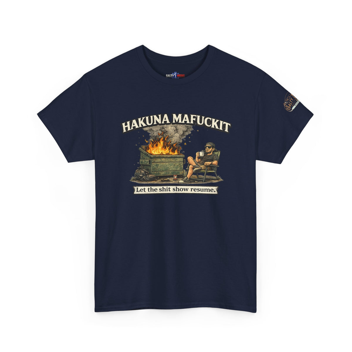 Hakuna Mafukit EMS humor t-shirt in navy blue with sarcastic paramedic themed graphic
