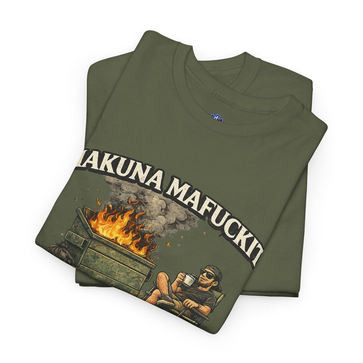 Folded olive green Hakuna Mafukit EMS humor t-shirt with sarcastic medic graphic