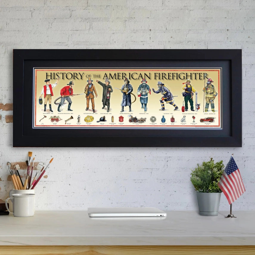 History of the American Firefighter framed timeline wall art displayed above a desk in a firefighter office.