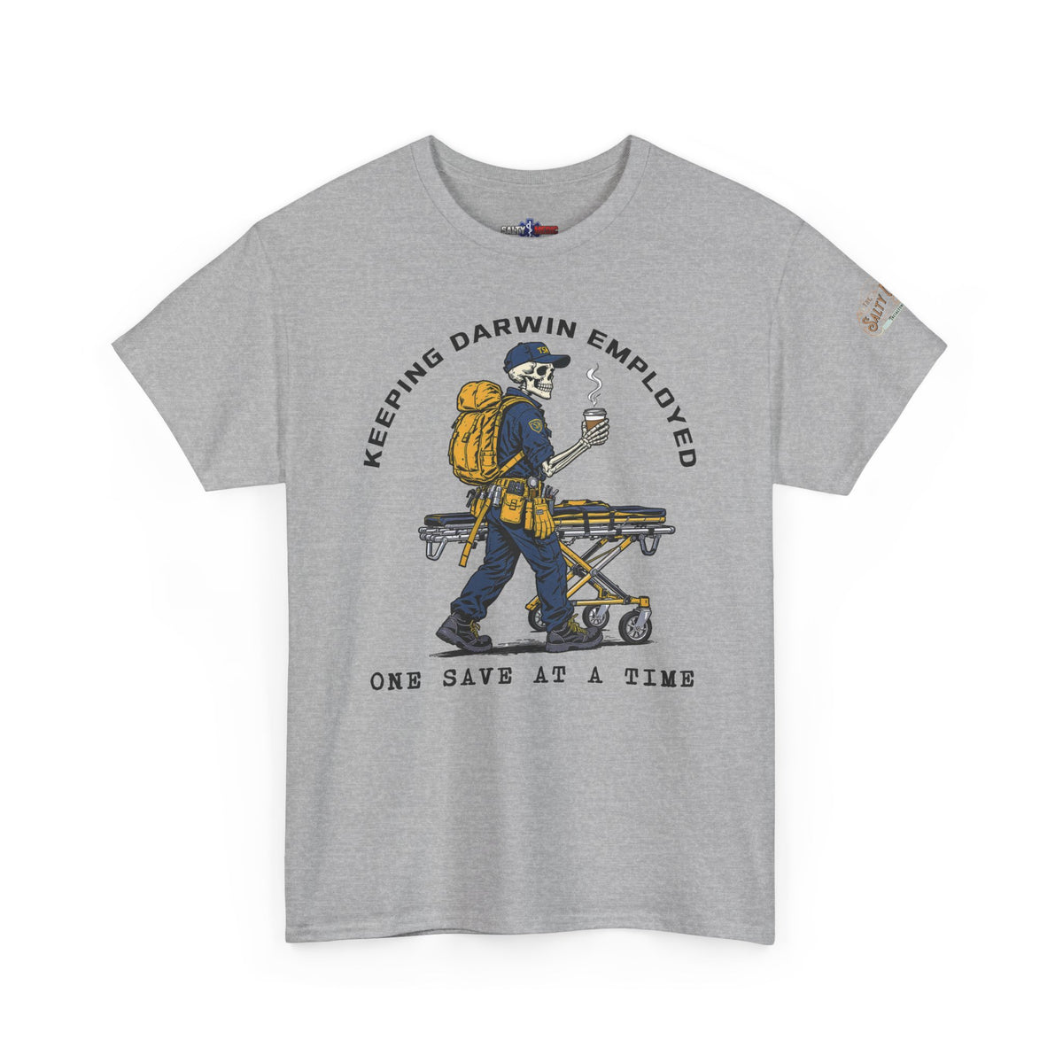 Keeping Darwin Employed EMS T-shirt in sport gray featuring a skeleton paramedic walking beside a stretcher with coffee