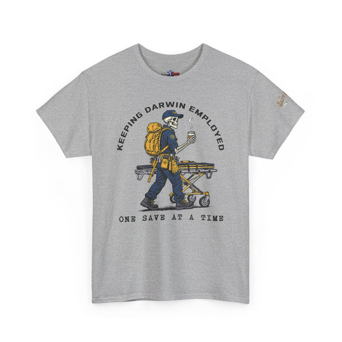 Keeping Darwin Employed EMS T-shirt in sport gray featuring a skeleton paramedic walking beside a stretcher with coffee