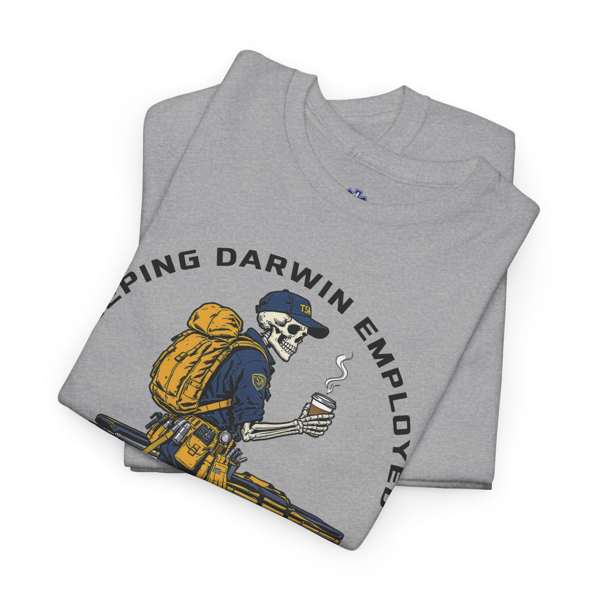 Folded gray Keeping Darwin Employed EMT shirt featuring the One Save at a Time skeleton medic design