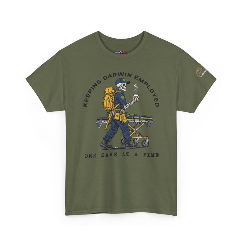 Military green Keeping Darwin Employed paramedic T-shirt with skeleton medic and empty ambulance stretcher graphic