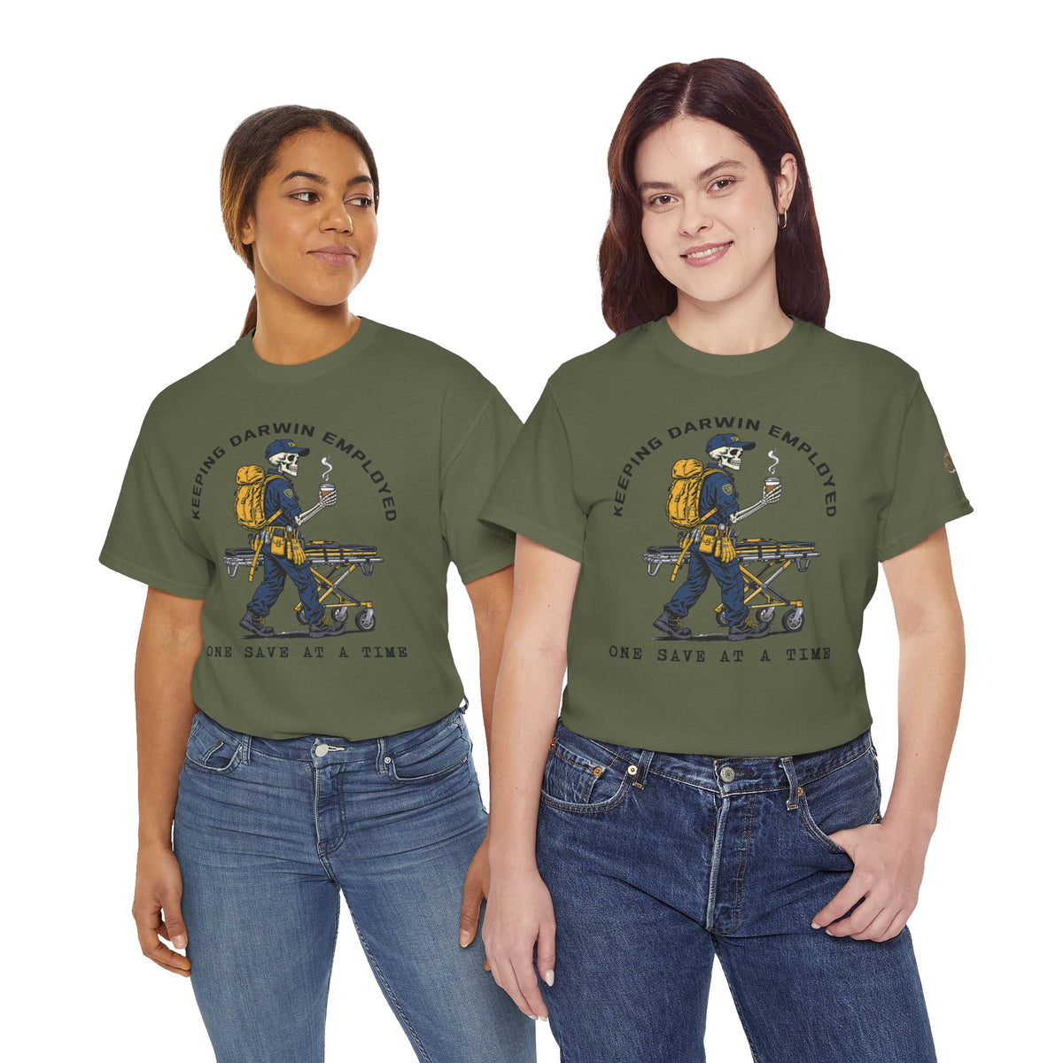 Two models wearing military green Keeping Darwin Employed paramedic tees with One Save at a Time artwork