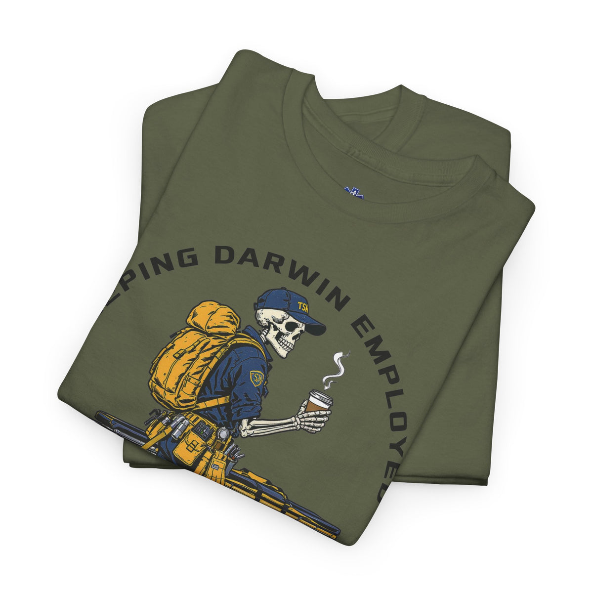 Folded military green rescue worker shirt with Keeping Darwin Employed skeleton paramedic design