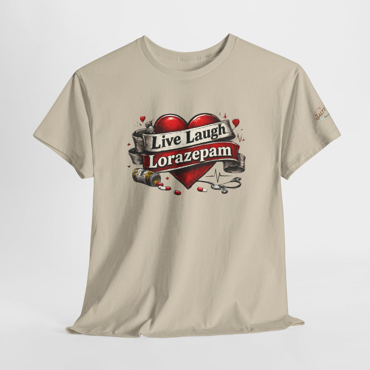 Live Laugh Lorazepam dark edition nurse shirt with red checklist design and medical graphics on black background