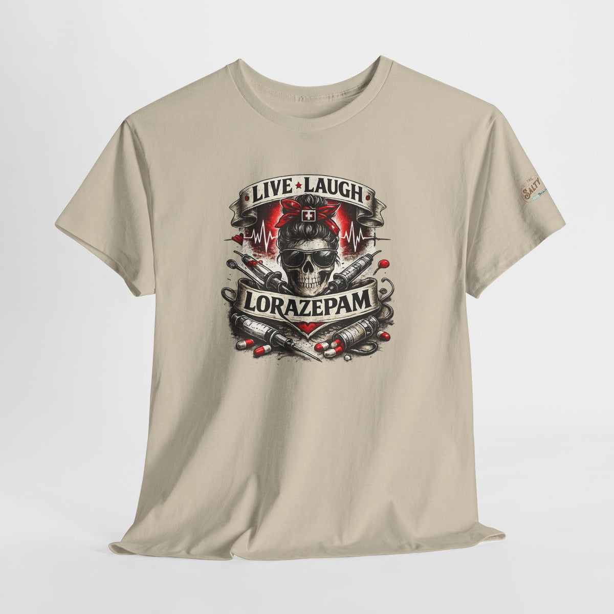 Live Laugh Lorazepam skull nurse shirt with red bow, syringes, ECG line, and tattoo-style graphic